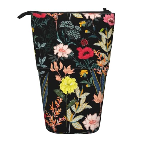 BREAUX Buntes Teleskop-Federmäppchen mit Boho-Blumendruck, passend für multifunktionale Bleistift-Make-up-Tasche, Aufbewahrungstasche und Geldbörse, Schwarz, One Size, Modisch von BREAUX