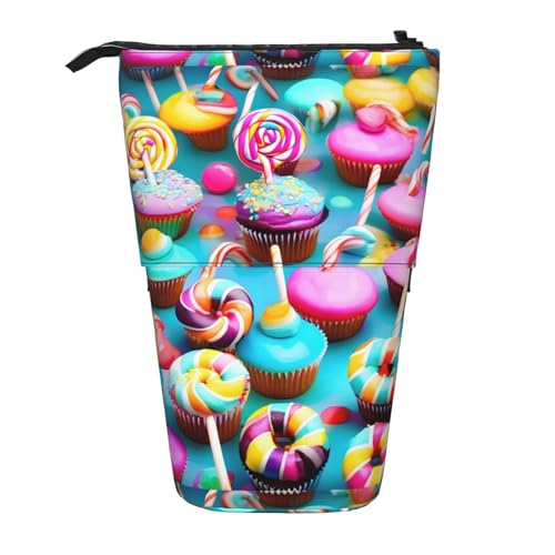 BREAUX Buntes süßes Lutscher-Cupcake-Donut-Druck, vertikales einziehbares Federmäppchen, modische Geldbörse, multifunktionale Aufbewahrungstasche von BREAUX