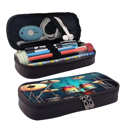 BREAUX Cool Drums Set bedrucktes Leder-Federmäppchen, Kosmetiktasche, Reißverschluss-Organizer, Lederklappe, Schreibwaren-Tasche, schwarz, Schwarz , Einheitsgröße von BREAUX