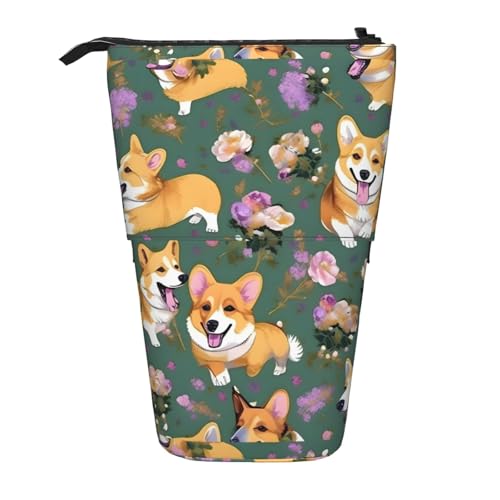 BREAUX Corgi Federmäppchen mit Blumenmuster, vertikal, einziehbar, modische Geldbörse, multifunktionale Aufbewahrungstasche von BREAUX