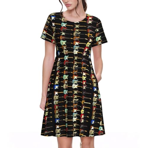 BREAUX Damen Kleid mit buntem Gitarren-Druck, Rundhalsausschnitt, kurzärmelig, atmungsaktiv, lässig, bequem, Schwarz, Mittel von BREAUX