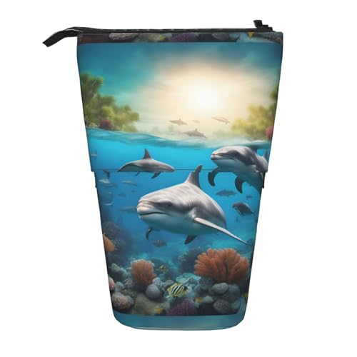 BREAUX Delfine Sea Turtle Shark Octopus Coral Print Vertical Retractable Pencil Case Fashion Wallet Multifunctional Storage Bag von BREAUX