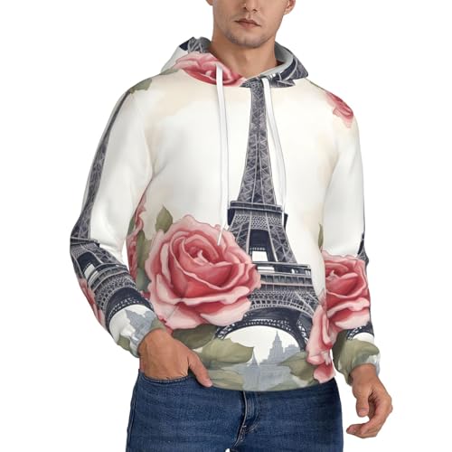 BREAUX Eiffelturm Rose Blumendruck Pullover Herren Fleece Kapuzenpullover Warm Pullover Oversized Fit Winter Outfit, Schwarz, Small von BREAUX