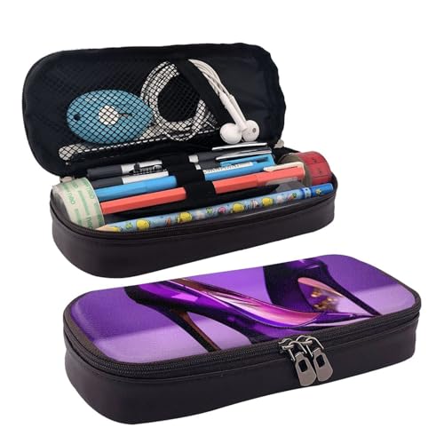 BREAUX Elegante lila High Heels mit Lippenstift-Druck, Lederklappe, Kosmetiktasche, Aufbewahrungstasche mit Reißverschluss, Lederklappe, Schreibwaren-Tasche, Schwarz, Einheitsgröße, Schwarz , von BREAUX