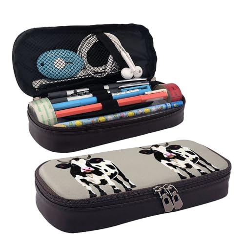 BREAUX Federmäppchen, Kosmetiktasche, Reißverschluss, Lederklappe, Schreibwaren-Tasche, Kuh-Motiv, Schwarz, Schwarz , Einheitsgröße von BREAUX