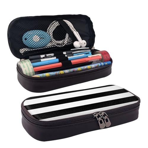 BREAUX Federmäppchen, Kosmetiktasche, Reißverschluss, Lederklappe, Schreibwaren-Tasche, gestreift, Schwarz / Weiß, Schwarz , Einheitsgröße von BREAUX
