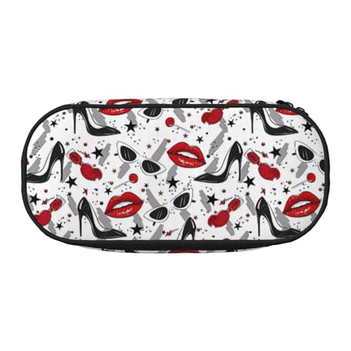 BREAUX Federmäppchen aus 300D-Oxford-Stoff, mit Aufdruck "Lips High Heels", Doppelkopf-Reißverschluss, Kosmetik und Organizer von BREAUX