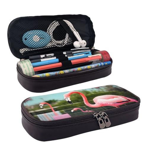 BREAUX Federmäppchen mit Flamingo- und Schwimmbad-Aufdruck, Lederklappe, Kosmetiktasche, Reißverschluss-Organizer, Lederklappe, Schreibwaren-Tasche, Schwarz, Schwarz , Einheitsgröße von BREAUX