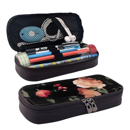 BREAUX Federmäppchen mit hübschem Blumendruck, Lederklappe, Kosmetiktasche, Reißverschluss-Organizer, Lederklappe, Schreibwaren-Tasche, Schwarz , Einheitsgröße von BREAUX