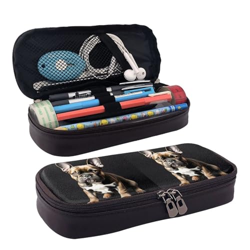 BREAUX Federmäppchen mit langen Ohren und französischer Bulldogge, Lederklappe, Kosmetiktasche, Reißverschluss-Organizer, Lederklappe, Schreibwaren-Tasche, Schwarz, Schwarz , Einheitsgröße von BREAUX