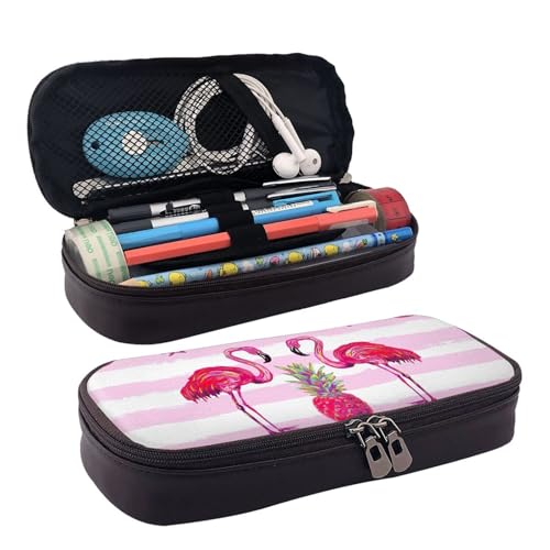 BREAUX Federmäppchen mit tropischem Flamingo- und Ananas-Druck, Lederklappe, Kosmetiktasche, Reißverschluss-Organizer, Lederklappe, Schreibwaren-Tasche, schwarz, Schwarz , Einheitsgröße von BREAUX