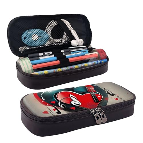 BREAUX Kosmetiktasche aus Leder mit Aufschrift "Treble Love and Music", Kosmetiktasche, Aufbewahrungstasche mit Reißverschluss, Lederklappe, Schreibwaren-Tasche, Schwarz, Einheitsgröße, Schwarz , von BREAUX