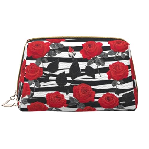 BREAUX Kosmetiktasche für Damen, Schwarz / Weiß gestreift, rote Rose, Blumendruck, groß, Reise-Kosmetiktasche, tragbarer Organizer, schwarz-weiße Streifen, rote Rosenblüten 2, Einheitsgröße, von BREAUX