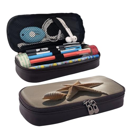 BREAUX Kosmetiktasche mit Seestern, Muschel, Sandstrand, Lederklappe, Kosmetiktasche, Aufbewahrungstasche mit Reißverschluss, Lederklappe, Schreibwaren-Tasche, Schwarz, Einheitsgröße, Schwarz , von BREAUX