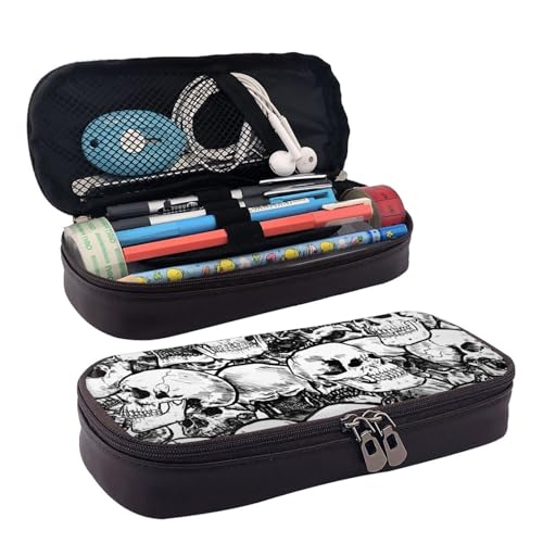BREAUX Kosmetiktasche mit Totenkopf-Muster, Lederklappe, Kosmetiktasche, Aufbewahrungstasche mit Reißverschluss, Lederklappe, Schreibwaren-Tasche, Schwarz, Einheitsgröße, Schwarz , Einheitsgröße von BREAUX