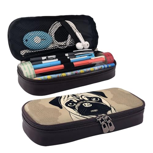 BREAUX Kosmetiktasche mit niedlichem Mops-Aufdruck, Lederklappe, Kosmetiktasche, Aufbewahrungstasche mit Reißverschluss, Lederklappe, Schreibwaren-Tasche, Schwarz, Einheitsgröße, Schwarz , von BREAUX