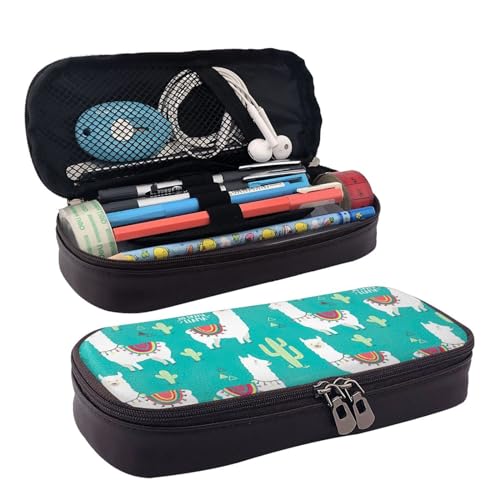 BREAUX Kosmetiktasche mit niedlichem weißem Lama- und Kaktus-Druck, Lederklappe, Kosmetiktasche, Aufbewahrungstasche mit Reißverschluss, Lederklappe, Schreibwaren-Tasche, Schwarz, Einheitsgröße, von BREAUX