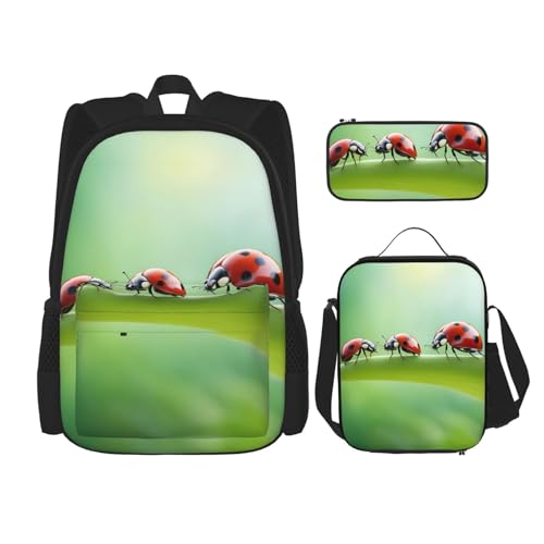 BREAUX Lustiger minimalistischer Rucksack mit Marienkäfer-Druck, dreiteiliges Reiserucksack-Set, verstellbare Umhängetasche, Schwarz, Einheitsgröße, Schwarz , Einheitsgröße von BREAUX