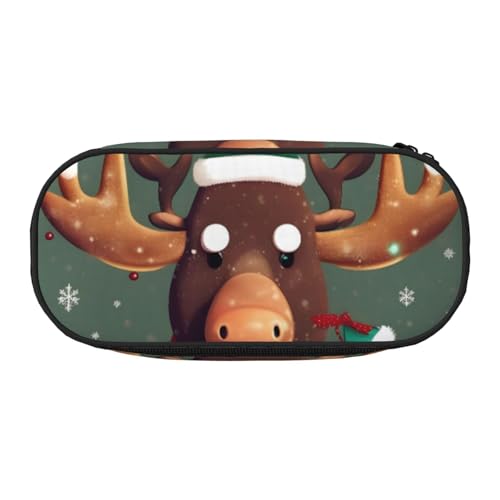 BREAUX Lustiges Federmäppchen mit weihnachtlichem Elchkopf-Druck, 300D-Oxford-Stoff, Doppelkopf-Reißverschluss, Kosmetik- und Organizer von BREAUX