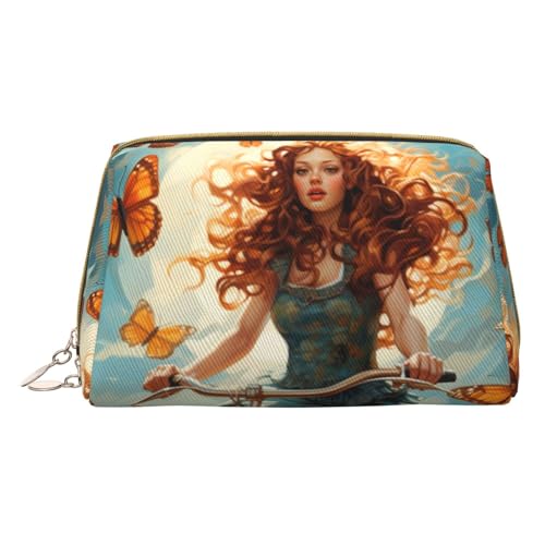 BREAUX Mädchen Fahrrad Schmetterling Druck Leder Tragbare Kosmetiktasche Tragbare Kosmetiktasche Clutch Leder Kosmetiktasche (klein), Weiß, Einheitsgröße, Weiß, One Size von BREAUX