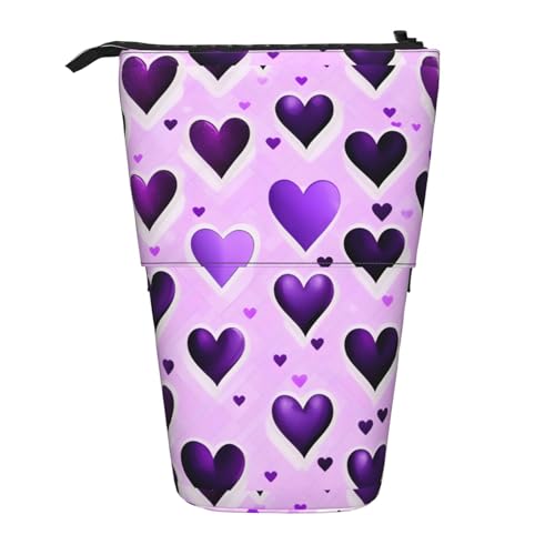 BREAUX Modisches Federmäppchen mit violettem Herzmuster, vertikal, einziehbar, modische Geldbörse, multifunktionale Aufbewahrungstasche von BREAUX