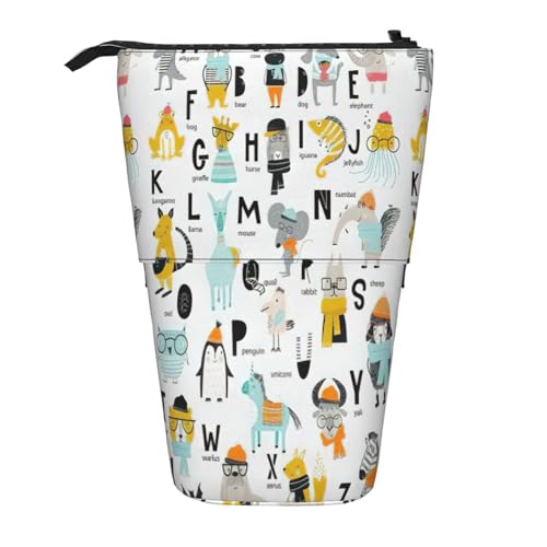 BREAUX Niedliches Teleskop-Federmäppchen mit Cartoon-Tier-Alphabetdruck, geeignet für multifunktionale Bleistift-Make-up-Tasche, Aufbewahrungstasche und Geldbörse, Schwarz, One Size, Modisch von BREAUX