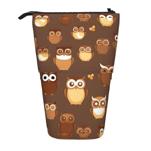 BREAUX Niedliches braunes Federmäppchen mit Cartoon-Eulen-Druck, vertikal, einziehbar, modische Geldbörse, multifunktionale Aufbewahrungstasche von BREAUX