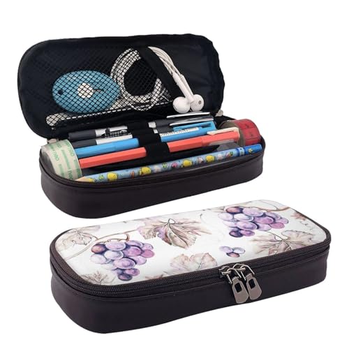 BREAUX Schönes Federmäppchen aus Leder mit Traubenblättern, Kosmetiktasche, Reißverschluss-Organizer, Lederklappe, Schreibwaren-Tasche, Schwarz, Schwarz , Einheitsgröße von BREAUX