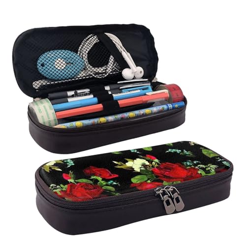 BREAUX Schönes Federmäppchen mit Rosen-Motiv, Lederklappe, Kosmetiktasche, Reißverschluss-Organizer, Lederklappe, Schreibwarentasche, Schwarz , Einheitsgröße von BREAUX