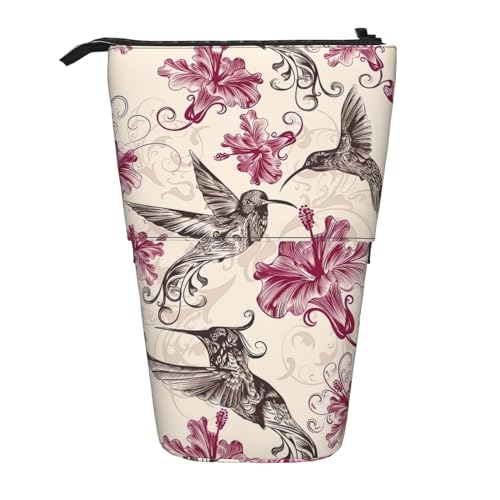 BREAUX Schönes Teleskop-Federmäppchen mit Blumenmotiv und Kolibri-Druck, geeignet für multifunktionale Bleistift-Make-up-Tasche, Aufbewahrungstasche und Geldbörse, Schwarz, One Size, Modisch von BREAUX