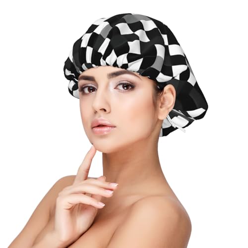 BREAUX Schwarz Weiß Formel Kariert Muster Haube für Haarschutz Schlafmütze für Damen Herren Weiche Satin Schlafmütze mit Gummiband Schwarz Einheitsgröße, Schwarz, EinheitsgröÃŸe von BREAUX