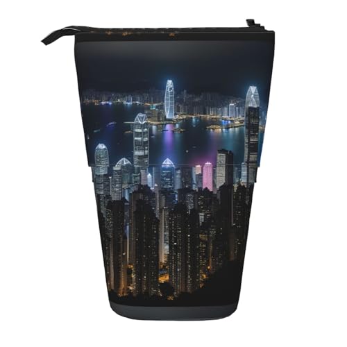 BREAUX Teleskop-Federmäppchen, Motiv: Aerial Night of View, Hongkong-Druck, geeignet für multifunktionale Bleistift-Make-up-Tasche, Aufbewahrungstasche und Geldbörse, Schwarz, One Size, Modisch von BREAUX