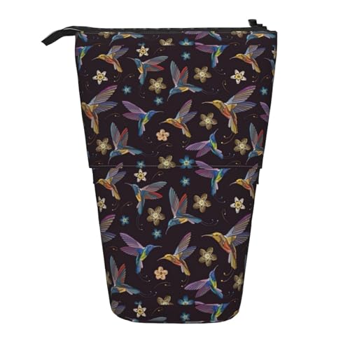 BREAUX Teleskop-Federmäppchen mit Blumen-Kolibri-Stickerei, passend für multifunktionale Bleistifte, Make-up-Tasche, Aufbewahrungstasche und Geldbörse, Schwarz, One Size, Modisch von BREAUX