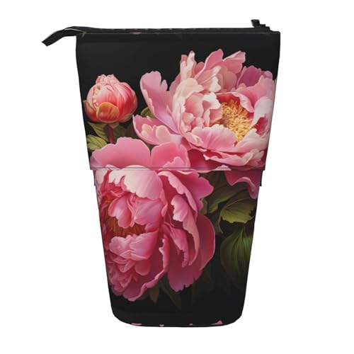 BREAUX Teleskop-Federmäppchen mit Pfingstrosen-Aufdruck, geeignet für multifunktionale Bleistift-Make-up-Tasche, Aufbewahrungstasche und Geldbörse, Schwarz, One Size, Modisch von BREAUX