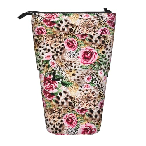 BREAUX Teleskop-Federmäppchen mit Tiger-Leopardenmuster, Rosendruck, geeignet für multifunktionale Bleistifte, Make-up-Tasche, Aufbewahrungstasche und Geldbörse, Schwarz, One Size, Modisch von BREAUX