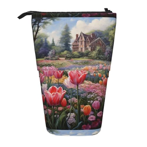 BREAUX Teleskop-Federmäppchen mit Tulpengarten-Druck, passend für multifunktionale Bleistift-Make-up-Tasche, Aufbewahrungstasche und Geldbörse, Schwarz, One Size, Modisch von BREAUX