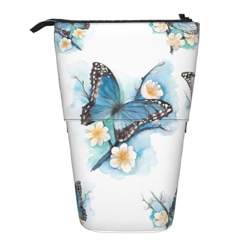 BREAUX Teleskop-Federmäppchen mit blauem Schmetterling auf Blüten, geeignet für multifunktionale Make-up-Tasche und Geldbörse, Schwarz, One Size, Modisch von BREAUX