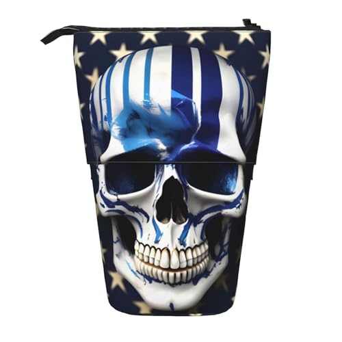 BREAUX Teleskop-Federmäppchen mit blauen Streifen und Sternen und Totenkopf-Druck, geeignet für multifunktionale Bleistift-Make-up-Tasche, Aufbewahrungstasche und Geldbörse, Schwarz, One Size, Modisch von BREAUX