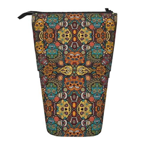 BREAUX Teleskop-Federmäppchen mit buntem Totenkopf-Motiv, passend für multifunktionale Bleistifte, Make-up-Tasche, Aufbewahrungstasche und Geldbörse, Schwarz, One Size, Modisch von BREAUX