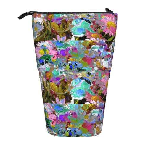 BREAUX Teleskop-Federmäppchen mit farbigem Blumendruck, passend für multifunktionale Bleistift-Make-up-Tasche, Aufbewahrungstasche und Geldbörse, Schwarz, One Size, Modisch von BREAUX