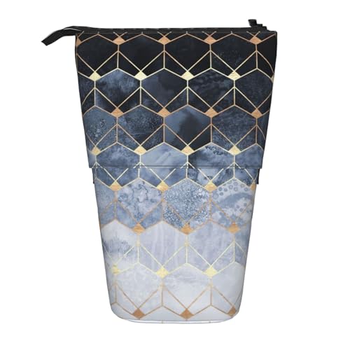 BREAUX Vertikales einziehbares Federmäppchen mit blauem Sechseck- und Diamant-Aufdruck, modische Geldbörse, multifunktionale Aufbewahrungstasche von BREAUX