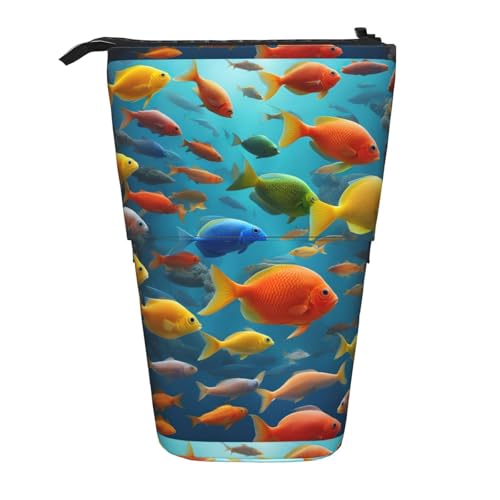 BREAUX Vertikales einziehbares Federmäppchen mit buntem Fisch-Aufdruck, modische Geldbörse, multifunktionale Aufbewahrungstasche von BREAUX