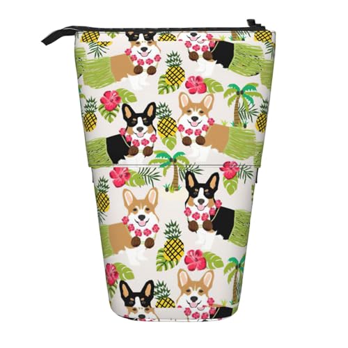 BREAUX Vertikales einziehbares Federmäppchen mit tropischen Blumen und Corgi-Druck, modische Geldbörse, multifunktionale Aufbewahrungstasche von BREAUX