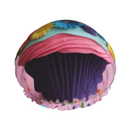 Bunte Cupcakes Regenbogen Blume Kuchen Druck Damen Duschhaube Wiederverwendbare elastische Duschhaube Doppellagige Haarkappe Duschhaube von BREAUX
