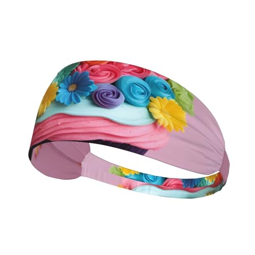 Buntes Haarband mit Cupcake-Motiv und Regenbogenblumen, bedruckt, Sport-Haarband, dehnbar, breites Haarband, Unisex, lässiges Haarband von BREAUX