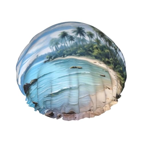 Damen-Duschhaube mit Sandstrand-Aufdruck, wiederverwendbar, elastisch, doppellagig, Haarkappe, Duschhaube von BREAUX