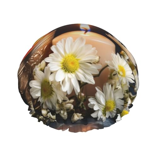 Damen Duschhaube mit Steinen mit Kerzen, Gänseblümchen-Druck, wiederverwendbar, elastisch, doppellagig, Haarkappe, Duschhaube von BREAUX
