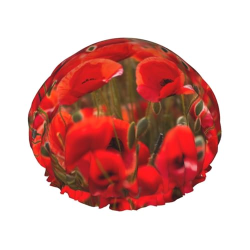Damen-Duschhaube mit rotem Mohnfeld, wiederverwendbar, elastisch, doppellagig, Haarkappe, Duschhaube von BREAUX
