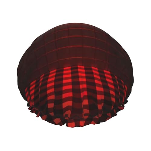 Damen-Duschhaube mit rotem und schwarzem Karomuster, wiederverwendbar, elastisch, doppellagige Haarkappe, Duschhaube von BREAUX