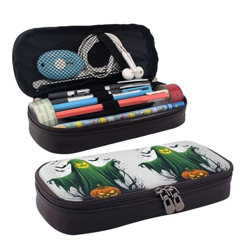 Grüner Geist Horror Halloween Kürbis Druck Leder Klappe Kosmetiktasche Reißverschluss Aufbewahrungstasche Leder Klappe Schreibwaren Tasche Schwarz Einheitsgröße, Schwarz , Einheitsgröße von BREAUX